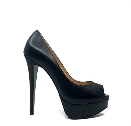 Siyah Deri Yüksek Topuklu Ayakkabı - GARAVANI