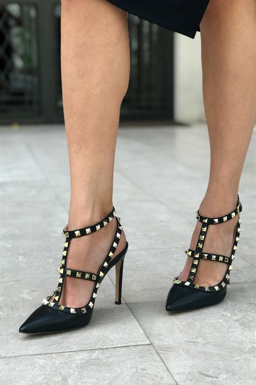 Siyah Deri Taşlı Topuklu Ayakkabı - CASSANDRA