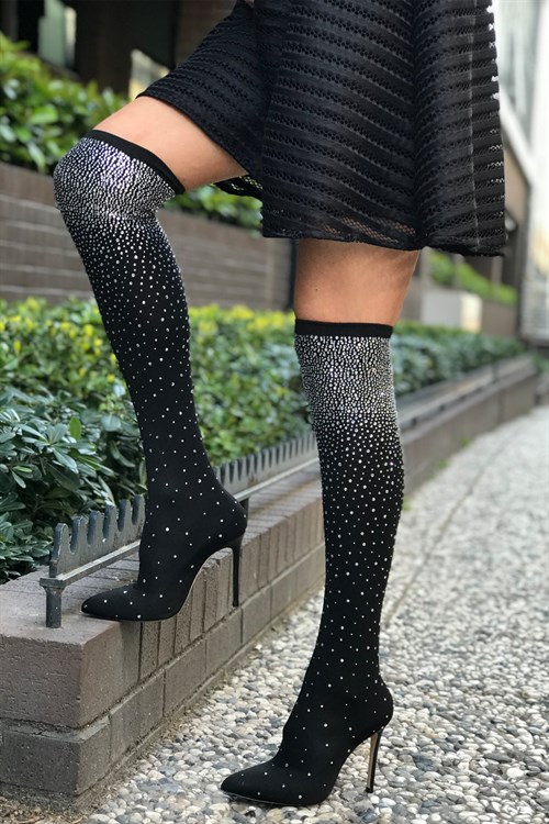 Siyah Taşlı Çorap Çizme - GALA