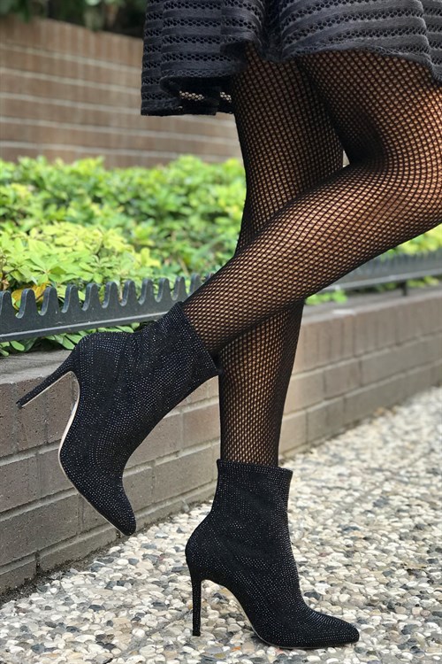Siyah Topuklu Taşlı Çorap Bot - MADELINE
