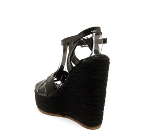 Siyah Hasır Örgü Dolgu Topuk Sandalet - SAMARA