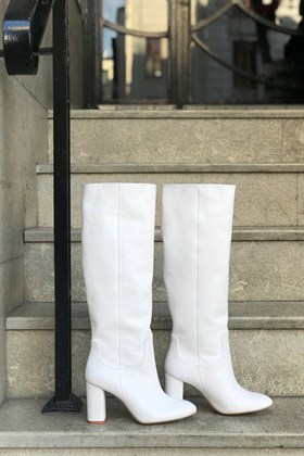 Beyaz Hakiki Deri Topuklu Çizme - ALLISON