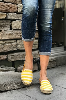 Sarı Beyaz Keten Sandalet - ODINA