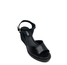 Siyah Deri Dolgu Topuklu Sandalet - LUCIDA