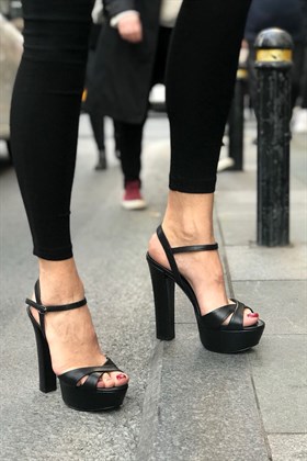 Siyah Hakiki Deri Platform Topuklu Ayakkabı - SAMARA