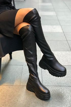 Siyah Deri Stretch Çizme - LENA