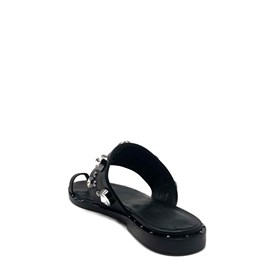 Siyah Deri Taşlı Parmak Arası Sandalet - MELINDA