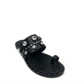 Siyah Deri Taşlı Parmak Arası Sandalet - MELINDA
