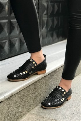 Siyah Deri Yılan Desenli Ayakkabı - RULA