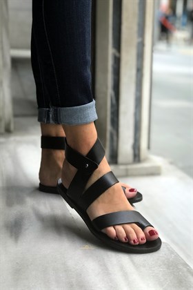 Siyah Hakiki Deri Sandalet - NELLY