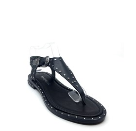 Siyah Metal Taşlı Deri Sandalet - ELINA