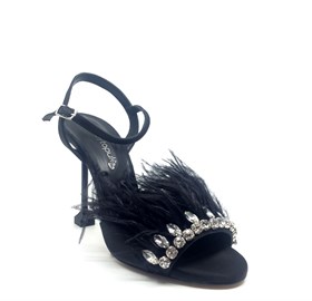 Siyah Saten Tüylü Topuklu Ayakkabı - JULINA