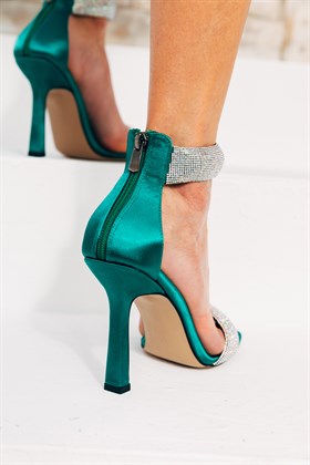 Yeşil Saten Tek Bant Topuklu Ayakkabı - REYNA