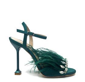 Yeşil Saten Tüylü Topuklu Ayakkabı - JULINA